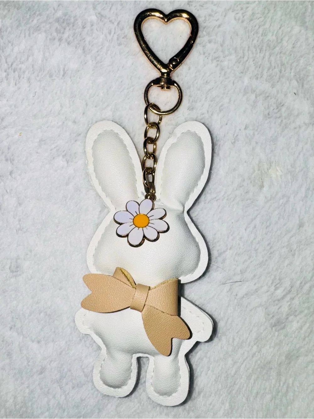 White Bunny Keychain with Tan Bow and Daisy Accent Keychain bag charm NEW